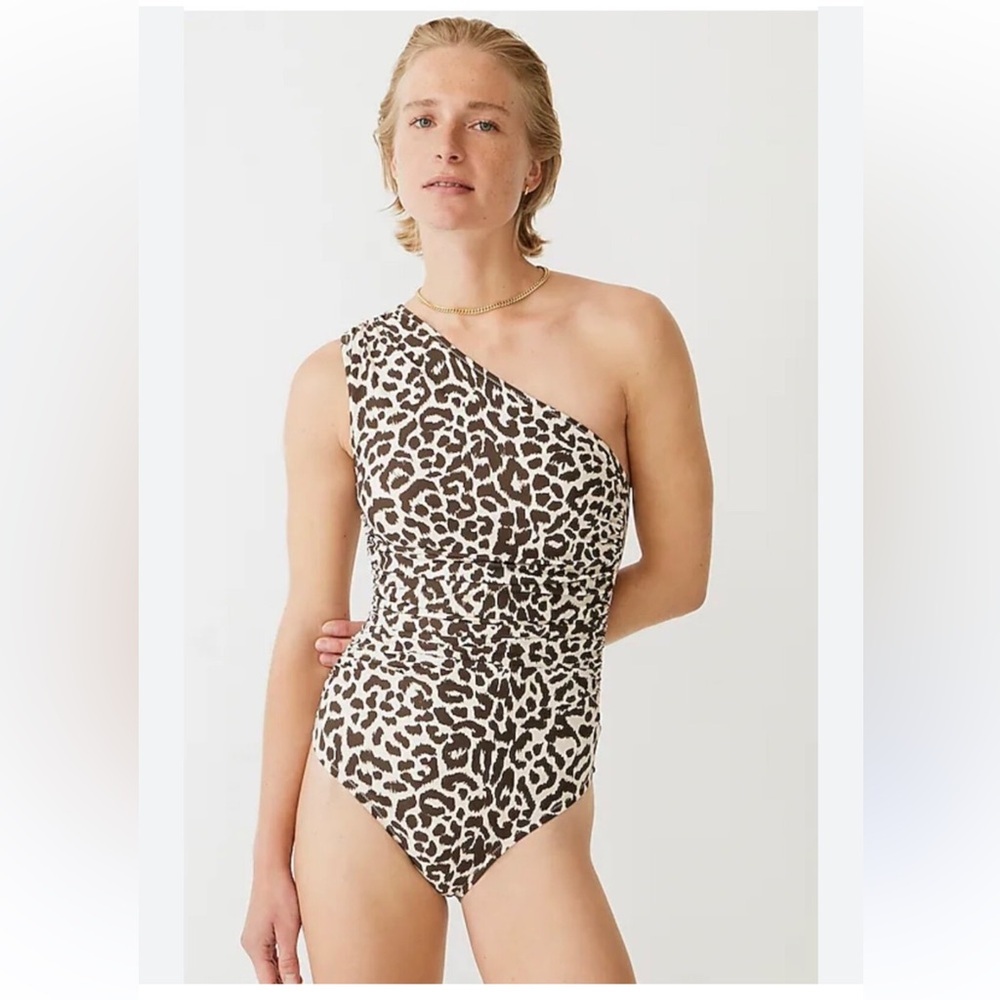J. Crew Leopard Print One-Shoulder Ruched One-Piece Swimsuit